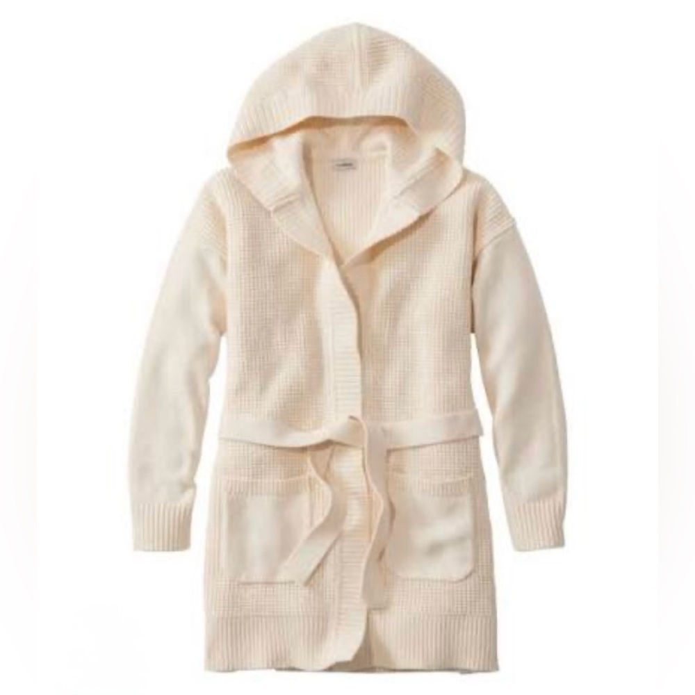 NWT L.L. Bean Women’s All-Day Waffle Sweater Hooded Wrap Cardigan in Cream Large